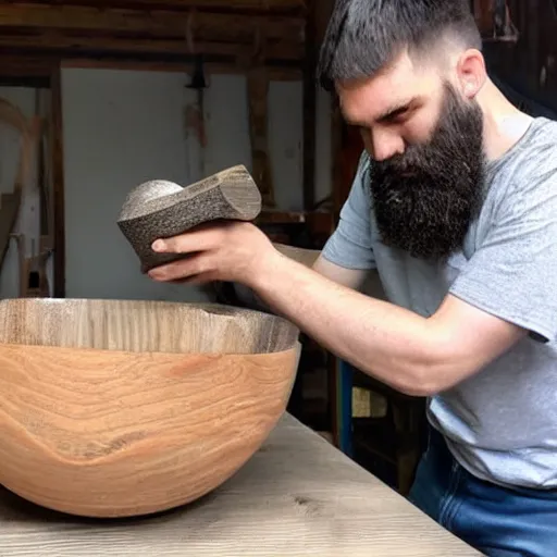 Prompt: bearded man turns bowl using woodlathe
