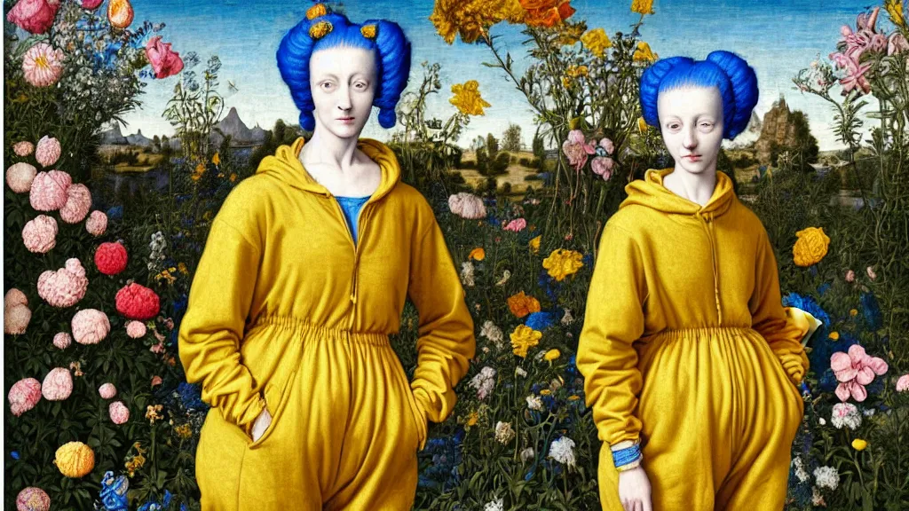Prompt: portrait of a woman with blue hair buns, wearing a yellow hoodie by Vivienne Westwood, standing in a garden full of flowers, intricate details, high detail, in a renaissance style, super-flat,