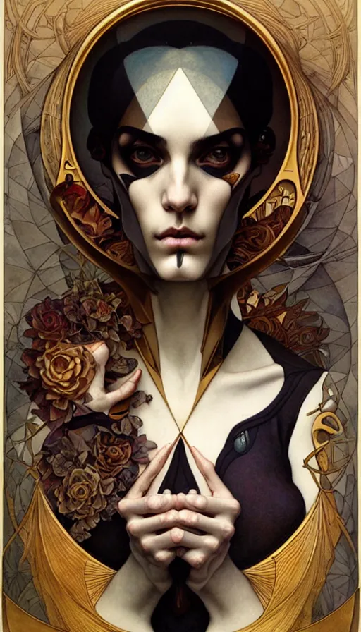 Image similar to M. C. Escher looking puzzled painted by tom bagshaw, mobius, mucha M. C. Escher, gold paint, ink, gnarly details