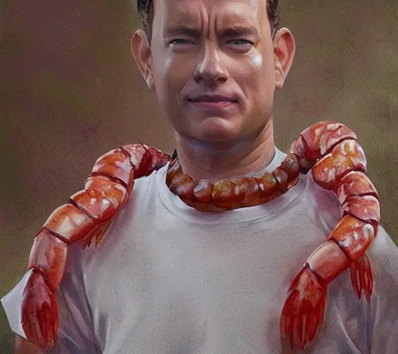 Image similar to Tom hanks as forrest gump wearing a necklace of shrimps around the neck, realistic face, digital art, in the style of Raphael Lacoste, amazing detail, artstation