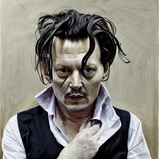 Prompt: lucian freud painting on depressed johnny depp