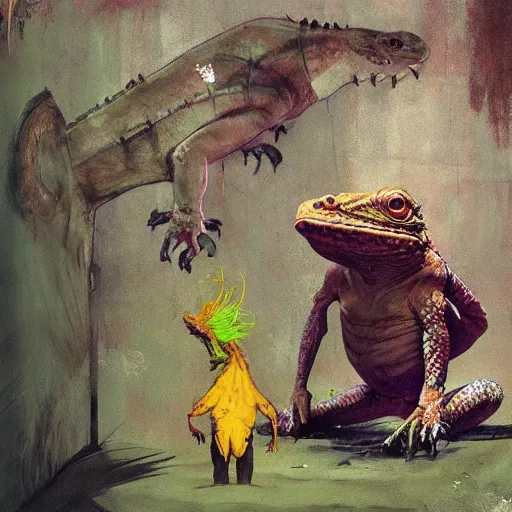 Image similar to Graffiti a gnome metamorphoses into an iguana in stages concept art by frank frazetta simon stalenhag greg rutkowski andrew wyeth niel welliver peter doig robert rauschenberg mark ryden