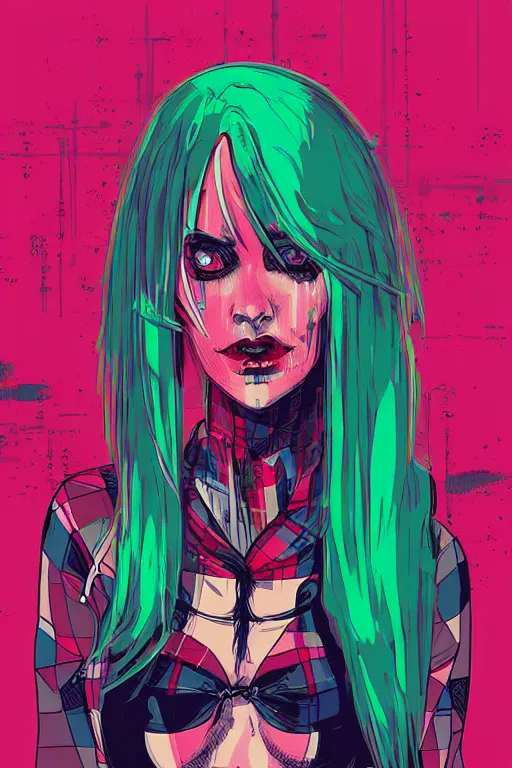 Prompt: cyberpunk woman with green hair wearing a red plaid miniskirt, vector art, by conrad roset, digital art, illustration, comic art, by dan mumford