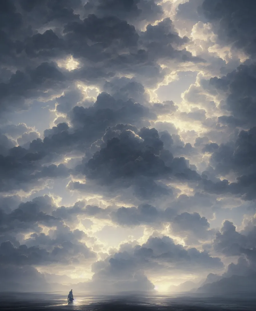 Image similar to hyper realistic clouds, illustrated by greg rutkowski, beautiful volumetric lighting, intricate, ultra detailed, photorealistic, trending on artstation, octane render, 8 k