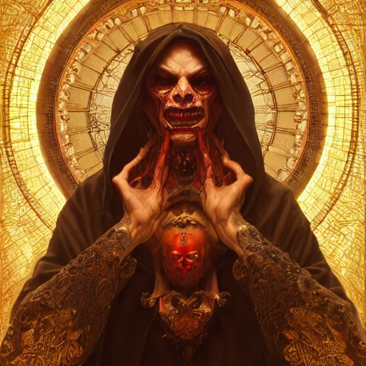 Image similar to portrait painting of male evil demonic cult member, agony, ultra realistic, concept art, intricate details, eerie, highly detailed, photorealistic, octane render, 8 k, unreal engine. art by artgerm and greg rutkowski and alphonse mucha