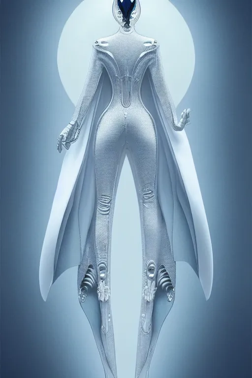 Image similar to detailed beautiful noun in opened white gold blue coat, seductive confident pose, attractive feminine curves, intricate details, futuristic, alien, elegant cape, elegant, photorealism, trending on artstation, holy halo, advanced technology, art by moebius and vitaly bulgarov and chanthara