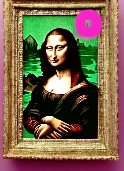 Image similar to pink rock Mona Lisa with a green Mohawk and piercings and face tattoos