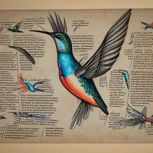 Prompt: full page scan of 1400s detailed hummingbird concept art, architectural section, plan drawing, page, paper, parchment, papyrus, fantasy, horror, occult, diagram, informative texts, graphs, notes, scribbles, human thigh anatomy anatomical, blur