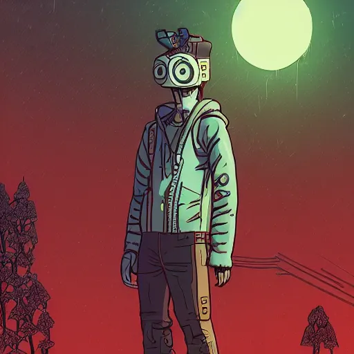 Image similar to in the style of max prentis and deathburger and laurie greasley a young mixed race male explorer wearing a cyberpunk headpiece who is standing on a giant robot head, highly detailed, 8k wallpaper, adventure time colour palette