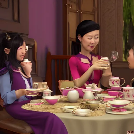 Prompt: Meilin Lee from Turning Red and Mirabel Madrigal from Encanto having a tea party, 8k, ultra realistic, highly detailed