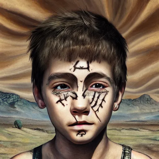 Image similar to a detailed portrait of a boy with a face tattoo in the desert, fantasy art illustration, incredibly highly detailed and realistic, 8 k, sharp focus