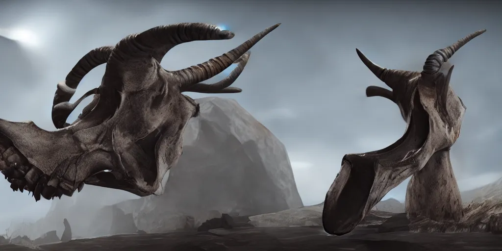 Prompt: A colossal goat skull, dramatic lighting, unreal engine 5, 8k