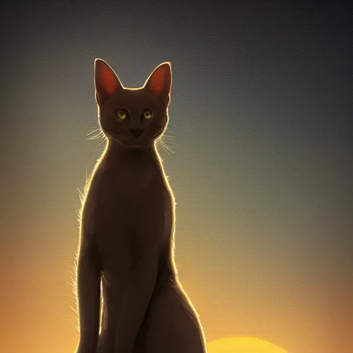 Image similar to cinematic shot of a stray cat who is brown standing on a hill looking to the horizon sunset stars digital painting, artstation, concept art, soft light, hdri, smooth, sharp focus, illustration, fantasy, intricate, elegant, highly detailed, D&D, matte painting, in the style of Greg Rutkowski and Alphonse Mucha and artemisia, 8k, highly detailed, jurgens, rutkowski, bouguereau, pastoral, rustic, georgic