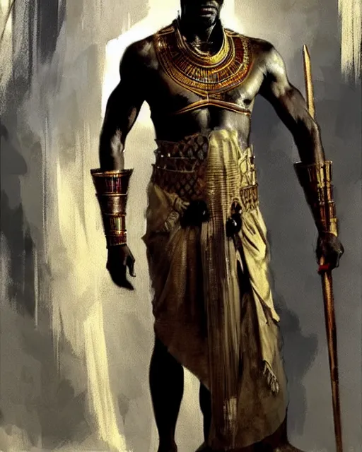 Prompt: concept art by anders zorn and craig mullins depicting djimon hounsou as a tall and very lean temple guard dressed in ancient egyptian decorative armor and flowing robes