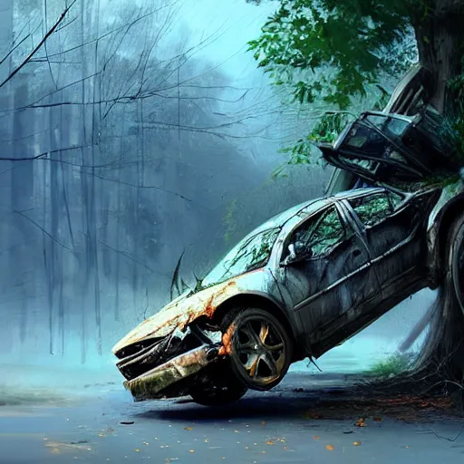 Prompt: a car destroyed by a tree, artstation, digital art, high quality, realistic