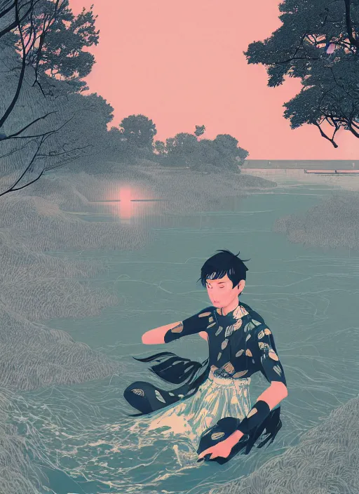 Image similar to nezha killed himself by the river, the storm by ilya kuvshinov and victo ngai