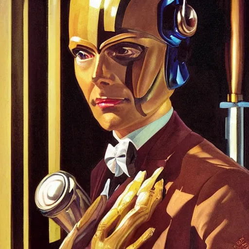 Image similar to closeup painting of uncannily beautiful aristocrat wearing latex and bronze catsuitand face paint inside bronze art deco arcology, science fiction by j. c. leyendecker