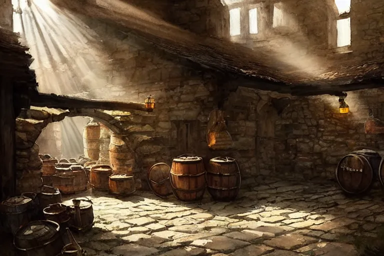 Prompt: watercolor painting of rustic ruin cellar, wooden crates, barrels, stone walls, lantern, very beautiful ambient lighting, sun rays, dust, art by anders zorn, wonderful masterpiece by greg rutkowski, cinematic light, american romanticism by greg manchess, creation by tyler edlin