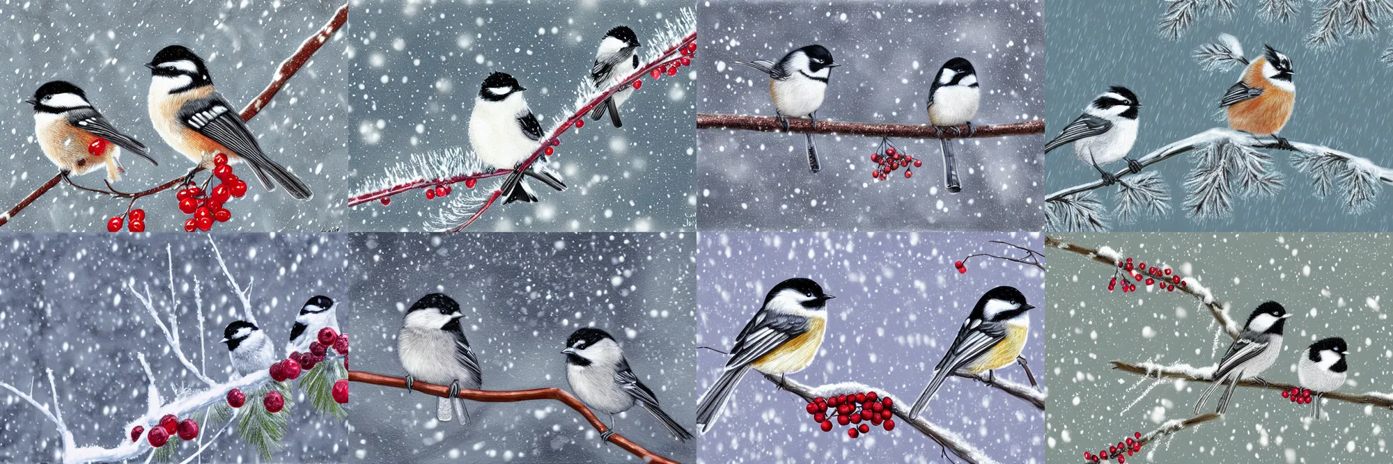 Prompt: a pair of chickadees sitting on the branch of a mountain ash tree, with red berries and icicles, in the winter, snowing, gray sky with wispy clouds, highly detailed digital painting