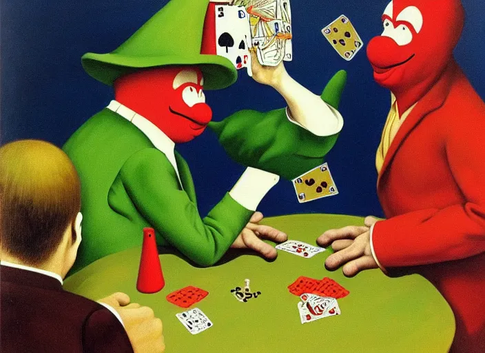 Image similar to The Clown Frog King gets completely wiped out in a game of poker, painting by René Magritte and Robert Crumb and Ralph McQuarrie