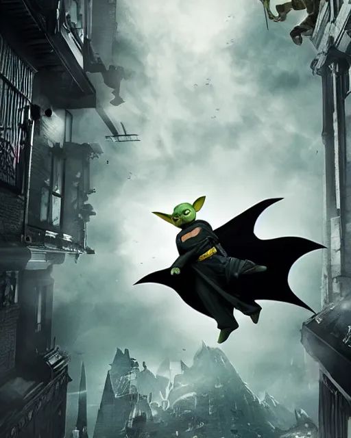 Image similar to epic action still of baby yoda wearing batman outfit as batman hanging upside - down from building in atmospheric alleyway in the style of batman the dark knight rises