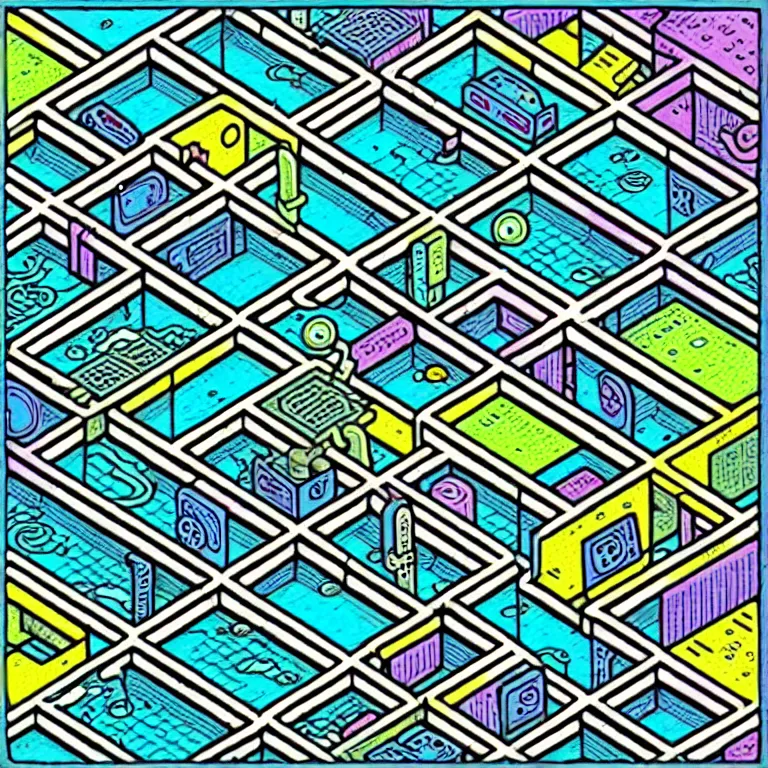 Image similar to an absurdly-detailed isometric cyberpunk alleyway colored-pen drawing as a fancy square tile. Sea-life in a submerged-city.