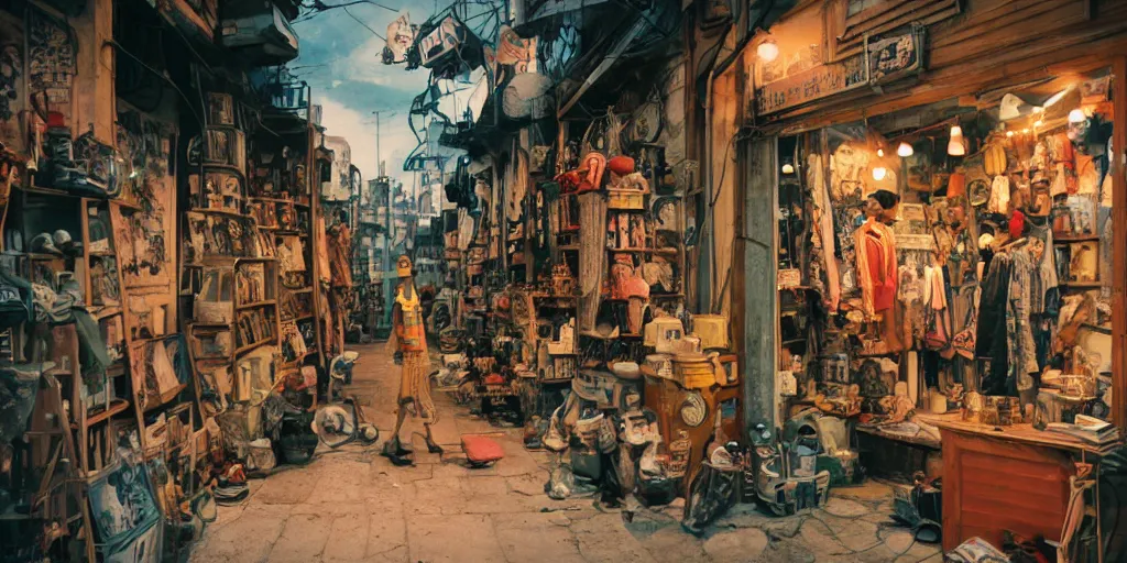 Prompt: a film still from Tekkonkinkreet by Ian McQue , inside vintage collectables store, shop window shows a narrow market alley of dusty favela city street outsdie, intimate, vibrant, 50mm lens, video game character and environment design, 2d game lineart behance hd, studio, dramatic lighting, cinematic, global illumination, trending on Artstation, bloom