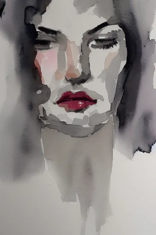 Prompt: beautiful face woman, grey, colorless and silent, watercolor portrait by Luke Rueda Studios and David downton