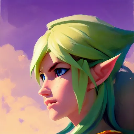 Image similar to portrait of a female Link from Legend of Zelda, medium shot, asymmetrical, profile picture, Organic Painting, sunny day, Matte Painting, bold shapes, hard edges, street art, trending on artstation, by Greg Manchess and Huang Guangjian and Loish and Gil Elvgren and Sachin Teng