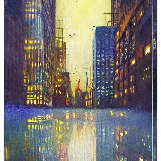 Image similar to impressionistic full - color painting of a distorted mirror reflecting a nightmarish aerial view of boston downtown skyline in 1 9 2 5 at night with a horrifying sky, aerial view, dark, brooding, night, atmospheric, horror, cosmic, ultra - realistic, smooth, highly detailed by dave dorman