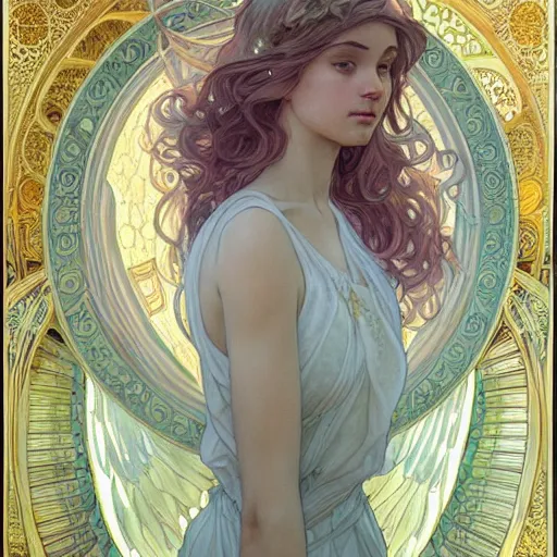 Image similar to an angelic boy, highly detailed, very intricate, art nouveau, gold filigree, romantic storybook fantasy, soft cinematic lighting, award winning, disney concept art watercolor illustration by mandy jurgens and alphonse mucha and alena aenami, pastel color palette, featured on artstation