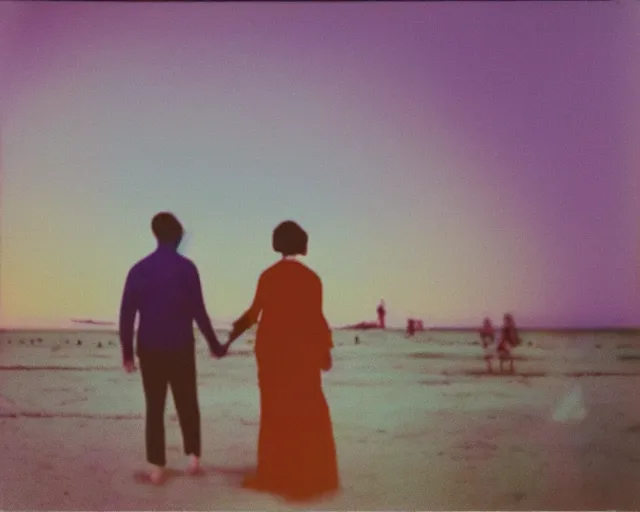 Prompt: a couple walks on the beach, hundreds of spheres in the sky, violet and yellow sunset, polaroid photo, whimsical and psychedelic, 1 9 6 0 s, grainy, expired film, glitched