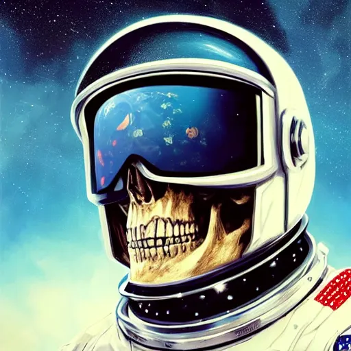 Image similar to a portrait of skull in an astronaut helmet by sandra chevrier, detailed render, epic composition, cybernetics, 4 k realistic, cryengine, realistic shaded lighting, sharp focus, masterpiece, by matteo scalera, gary montalbano, peter elson in the style of the tokyo ghost comic