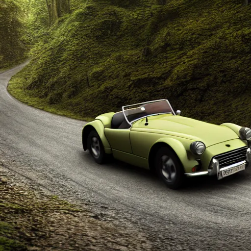 Image similar to octane render of a Triumph TR250 driving on narrow winding road in a mixed mesophytic forest, photorealistic, Car & Driver, trending on ArtStation