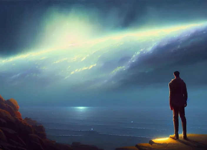 Image similar to dark silhuette of a man standing on a gray dull cliff looking out into a colorful cosmos, clouds, stars, rings, beautiful lighting, vivid colors, intricate, elegant, cgsociety, artstation trending, oil painting by greg rutkowski, by artgerm, by wlop