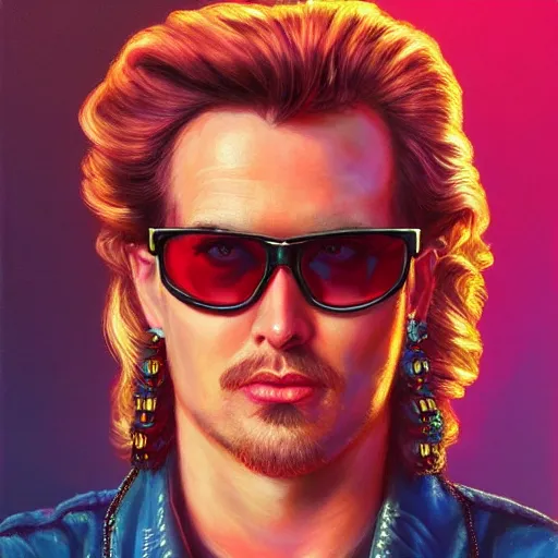 Prompt: outrun synthwave portrait of glamor shakespeare in sunglasses, theater background | highly detailed | very intricate | professional model | cinematic lighting | painted by donato giancola and mandy jurgens and charlie bowater | bold colors, vaporwave aesthestic, 8 0's nostalgia | featured on artstation