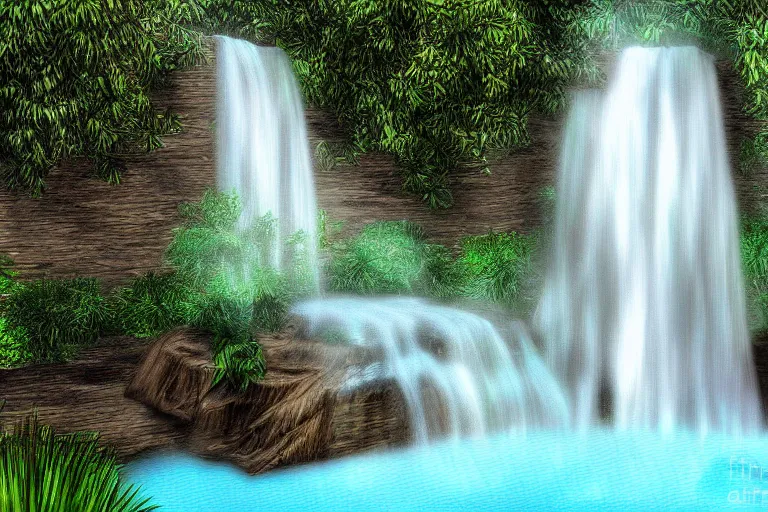 Image similar to a menthol waterfall falling into a hot tub, digital art