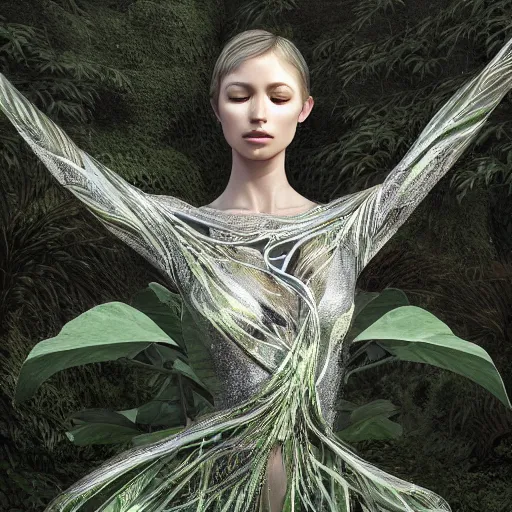 Prompt: a highly detailed ethereal full body digital image of a elegantly posed dancing futuristic woman beautifully intertwined in realistic chrome leafy foliage dress liquid like leaves, full body shot, by Andrew Chiampo, artstation, and Frederik Heyman, extremely detailed woman, stunning volumetric lighting, hyper realism, fantasy, intricate detail, 4k,