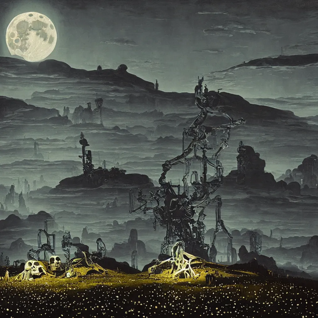 Image similar to a surreal and awe - inspiring science fiction landscape, moon in the sky looks like a skull, intricate, elegant, highly detailed matte painting by george bellows and simon stalenhag