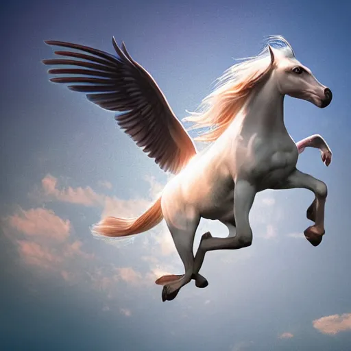 Image similar to a majestic pegasus, swooping toward the camera brilliantly illuminated, color high resolution realistic photo