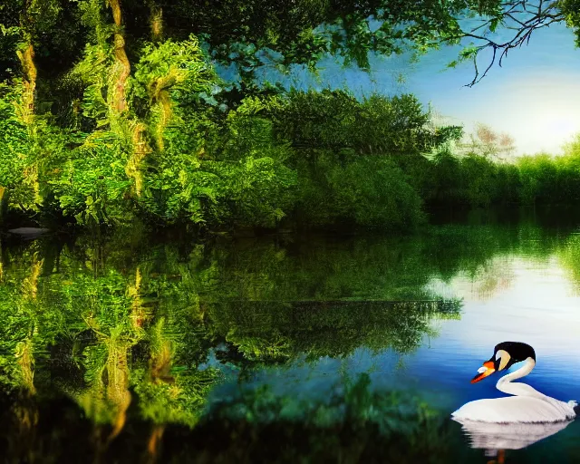 Image similar to a 4 k photorealistic photo of a swan swimming in a river, ripples, reflections. shady, trees bent over river.