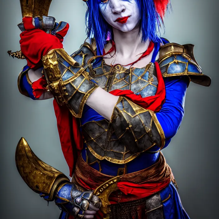 Image similar to full body photo of a real - life beautiful female jester warrior, 8 k, hdr, smooth, sharp focus, high resolution, award - winning photo