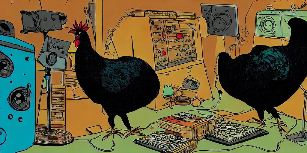 Image similar to 'black chicken'!!! smoking 'cannabis'!!!!!! in front of 'audio console'!!!! and 'multi monitors'!!!! 'in a hi-tech tv broadcasting studio'!!!!, artwork by James Gilleard