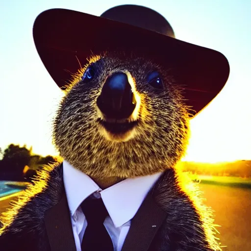 Prompt: happy quokka wearing a suit and a hat, taking a selfie, golden hour, realistic