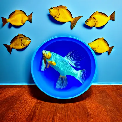 Prompt: there are two round water bowls on a blue table with a blue background. a gold fish is jumping from one bowl to the other one