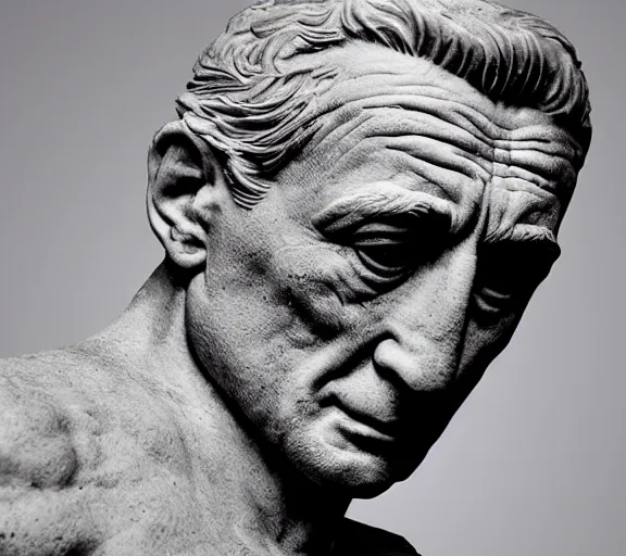 Image similar to a hyper-detailed marble status of Robert DeNiro by Michelangelo; anatomically correct; an extraordinary masterpiece!!!; proud posture; trending on artstation; f/1.4; 90mm