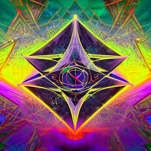 Image similar to Psychedelic Inter-dimensional freemasonic occultic chequered trippy dreamscape in the style of a photo-realistic album cover ( Digital art unreal engine, 3d highly detailed, 8k, UHD, fantasy, dream, otherworldly, bizzare, spirals, colourful, vivid)