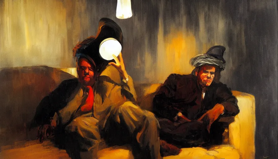 Prompt: a man with a lampshade on his head sitting on a sofa in a dark living room, painted by phil hale and rick berry
