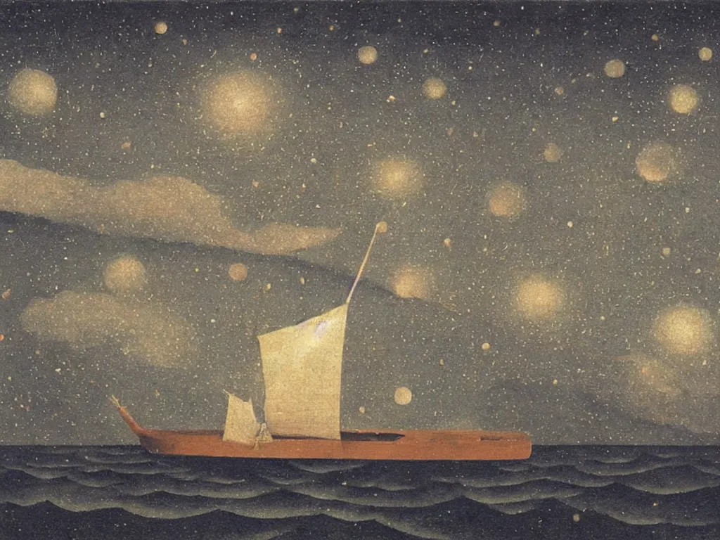 Image similar to wooden ship on the dark sea with meteor showers. painting by bosch, rene magritte