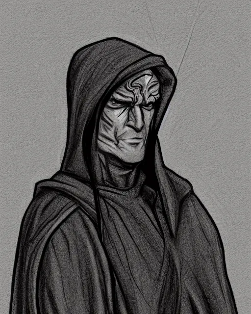 Image similar to character concept portrait of a man in dark robes, hooded, drawn by greg rukowtski